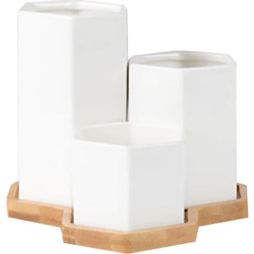 3PCS Nordic Style Ceramic Succulent Plants Planter With Bamboo Tray White Porcelain Flower Pot Desktop Decorative Bonsai thrifty