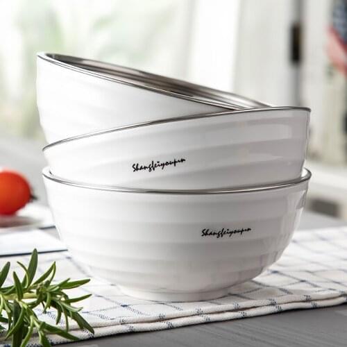 304 Stainless Steel Soup Bowl Double-layer Anti-scalding Dessert Salad Fruit Noodle Rice Bowl Household Three Pack