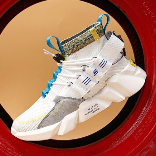 Mens Shoes 2021 New Summer Breathable Fly Woven Mesh Sports Lazy Tide Shoes Slip-on High-Top Stretch Socks