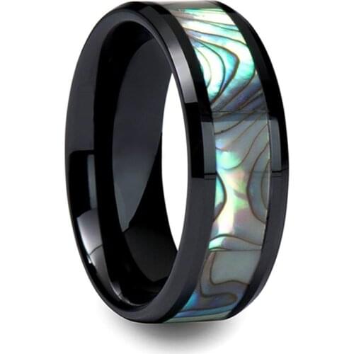 8mm Men Rings Black Tungsten Ring Inlay Abalone Shell Beveled Wedding Bands for Men Engagement Jewelry Women Rings