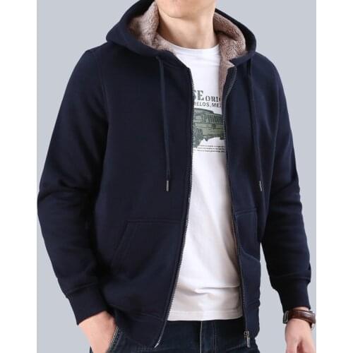 Men Thicken Warm Cardigan Sweatshirt Jacket Hooded Sport Loose Short Coat Male Winter Solid Colors Faux Lambswool Jacket M-3XL