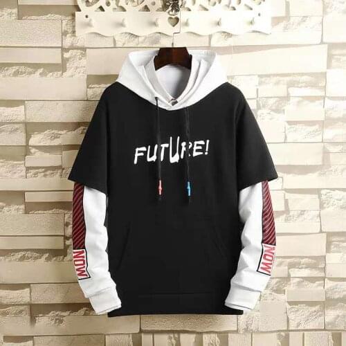 New Sweater Mens Hooded Hip-Hop Plus Velvet Wild Spring And Autumn Vacation Two Pieces Of Trendy Black Clothes Printing Student