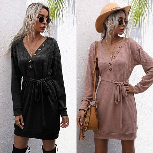 2021 Fall Solid Color Fashion V-neck Short Skirt Black Slim Long Sleeve Button Knit Sweater Dress
