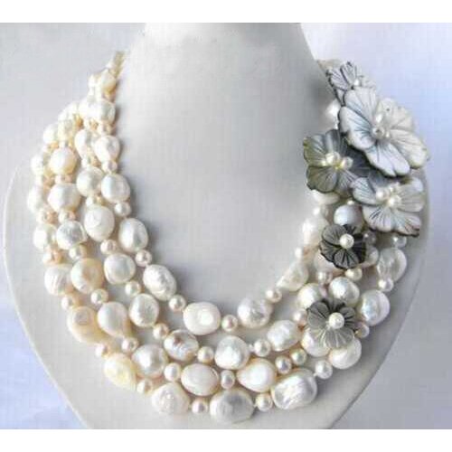 4Strands 18'' 13mm White Round Baroque Freshwater Pearl Shell Flower Necklace