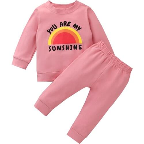 2 Pcs Infant Casual Outfits, Baby Girls Semicircle & Letter Print Long Sleeve Round Neck Pullover + Solid Color Trousers 6M-4Y