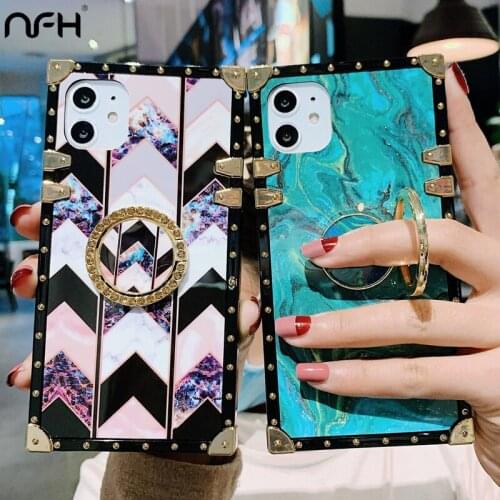 For iPhone 11 Pro Max Luxury Marble Square Shockproof Phone Case For iPhone 6 6S 7 8 Plus X XR XS Max Ring Diamond Acrylic Cover