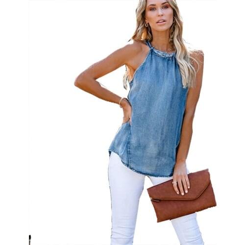 Sleeveless Solid Color Casual Pullovers Top Sexy Women Summer Denim Tanks Top for Streetwear Hollow Out Design Bow Decor Halter