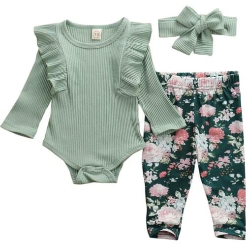 Toddler Baby Girls Christmas Clothes Long Sleeve Ruffle round neck Bodysuit bow solid Headband Flower print Trouser 3pc Outfits