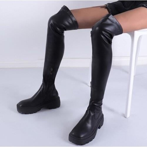 Wide Anti-Slip Sole 5cm Low Heel Boots Black Stretch PU Upper Winter Over The Knee Boots Womens Shoes Plus Size 43