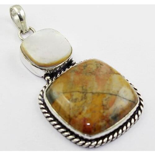 Jaspers & Mother Of Pearls Pendant Silver Overlay over Copper ,65mm, P1265