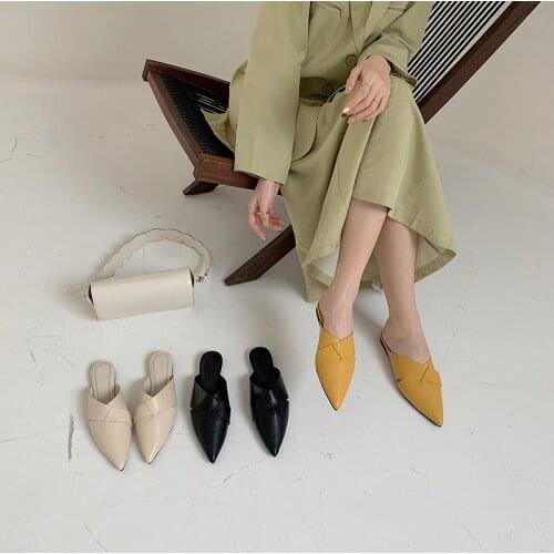 Fashion Women Slipper Pointed Toe Solid Color Casual Slides Slip On Flat Heeled Shallow Slides Summer Beach Shoes Woman Size 39
