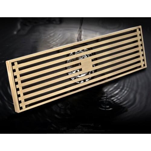 Shower Drain Bathroom Floor Drain Square Anti-odor Floor Waste Grates 30*8 Antique Brass Art Carved Bath Accessories Strainer