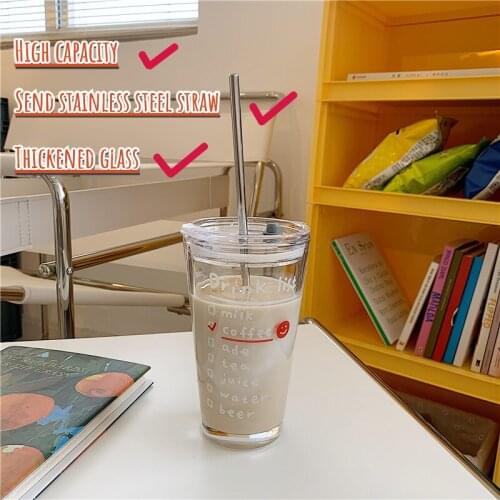 Korean Style Simple White Letter Coffee Glass Milk Cup Portable Large-capacity Water Bottle with Lid and Straw