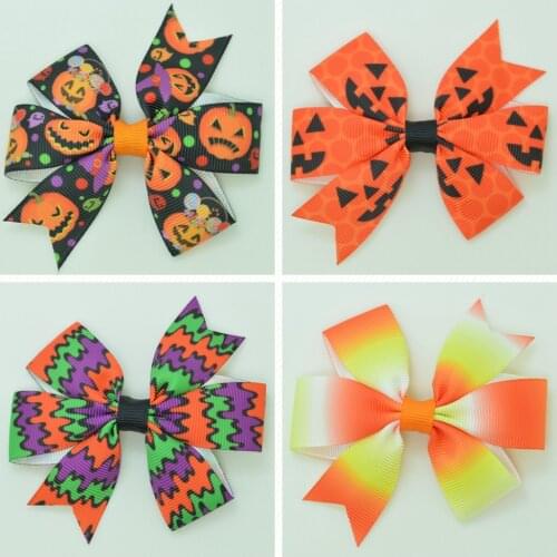 SUPWRF 3.1'' Halloween pumpkin cute bow Girls Hair Bow With Clip Boutique Printed Ribbon headwear diy wholesale 20 PCS T0929