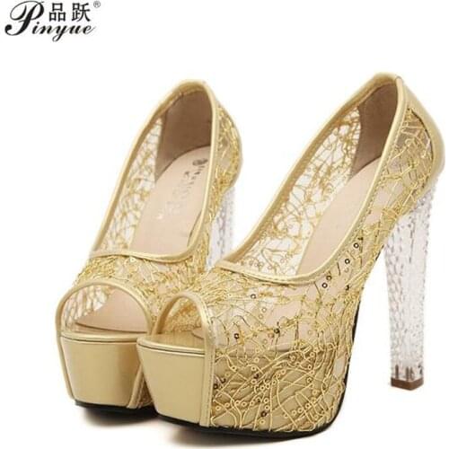 Silk material vamp women pumps 14cm thick high heels platform shining woman shoes gold yellow white pumps size 34--39