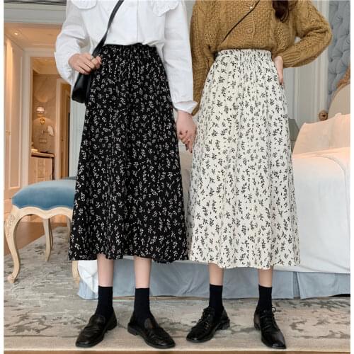 Vintage Floral Print A-line Pleated Long Skirts Winter Women Korean Skirt Streetwear Drawstring Elastic Waist Midi Skirt Lined