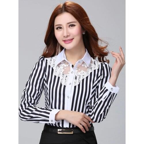 Womens Shirt Striped Blouses Sexy Lace Hollow Out Office Lady Blouse Long Sleeve Slim Top Women Clothing Blusas Y Camisas Femme