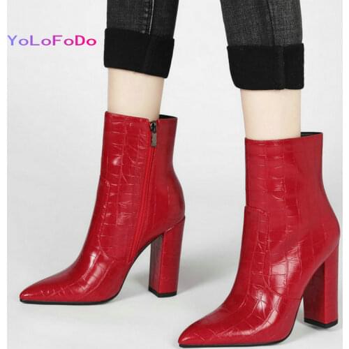 2021 Autumn Winter Women Ankle Boots High Quality Faux Leather Women Square High Heel Shoes Side Zipper Pointed Toe Womans Shoe