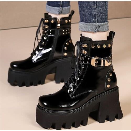 Punk Goth Creeper Shoes Women Spike Studded Cow Leather Platform Ankle Boots Round Toe High Heels Buckle Pumps 34 35 36 37 38 39