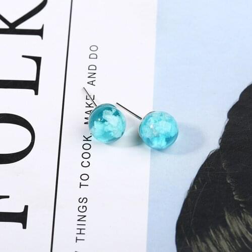 New Resin Glass Earring Stud Korean Style Women Transparent Round Ball Earrings White Clouds Blue Sky Silver Plated Earring 2019