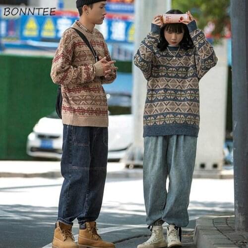 Women Pullovers Autumn Knitted O-neck Geometric Drop-shoulder Loose Couples Sweaters Harajuku Streetwear Casual All-match Tops