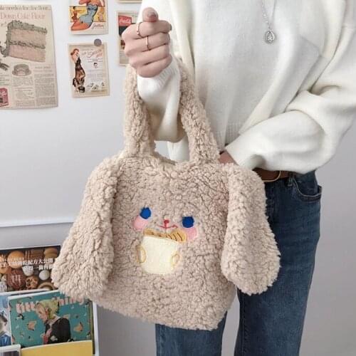 Women Long Ear Plush Handbags Imitation Lamb Hair All-match Crossbody Bags for Women Small Fresh and Cute Open Small Square Bag