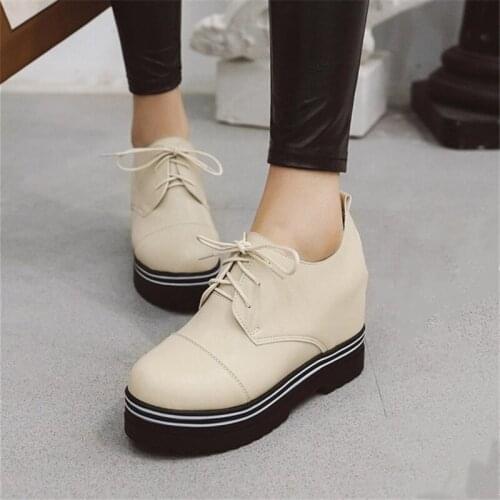 PXELENA Platform Punk Rock Gothic Hidden High Heels Shoes Women Lace Up Round Toe Lace Up Oxfords Daily Casual Pumps Lady 34-43