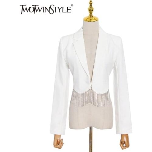 TWOTWINSTYLE Temperament White Patchwork Diamonds Female Blazer Notched Long Sleeve Korean Slim Fashion Womens Blazers 2021 New