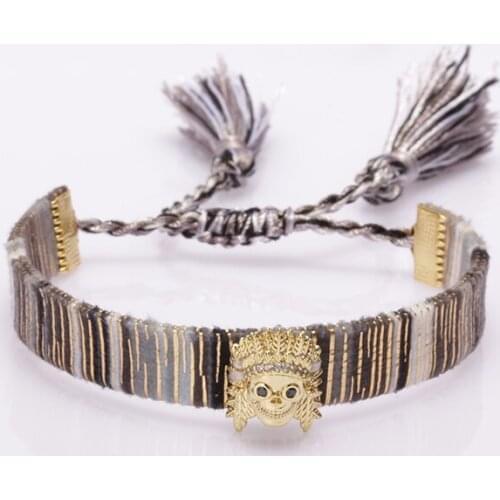 White cz gold shull tribe cap hat charm ethnic boho bohemia soft cotton silk tassel tail wristband adjustable bracelet for woman