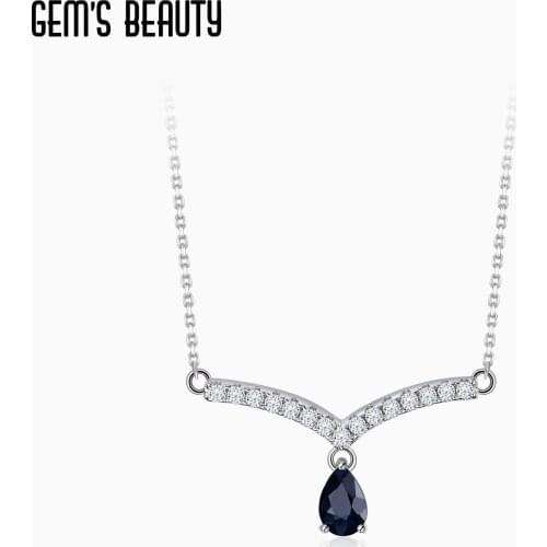 GEMS BEAUTY 925 Sterling Silver V Shape Necklace Natural Blue Sapphire Gemstone Chevron Pendant Necklace For Women Jewelry