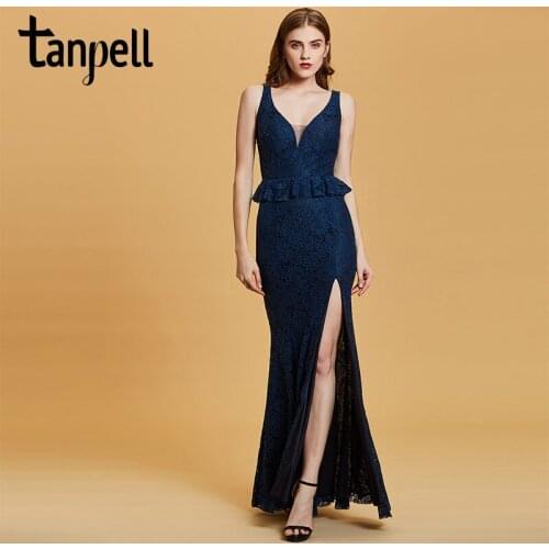 Tanpell split front evening dress dark royal blue sleeveless floor length mermaid gown women lace long formal evening dresses