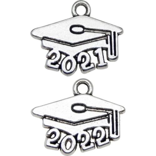 Julie Wang 50PCS Year Number 2021/2022 Charms Graduation Cap Diploma Alloy Silver Color Jewelry Making Necklace Accessory