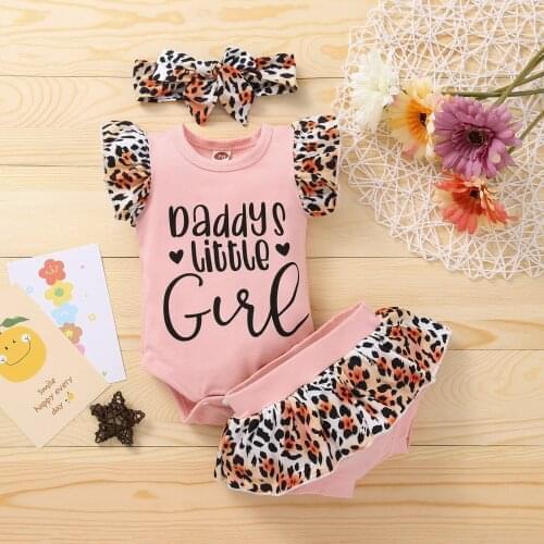 Infant Baby Girl Cotton Clothes 0-24M 3Pcs Summer Outfits Baby Girls Ribbed Ruffle Sleeve T-shirt Tops+ Leopard PP Ruffle Shorts
