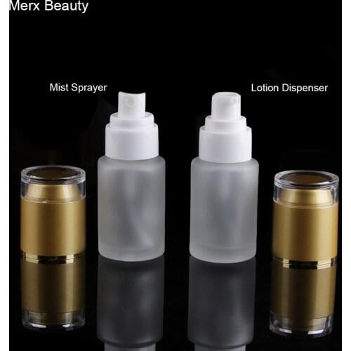 30ML Frosted Glass Lotion Cosmetic Dispenser Pump Bottle Gold Lid- 50Pcs/Lot, Merx Beauty Brand Perfume Bottles