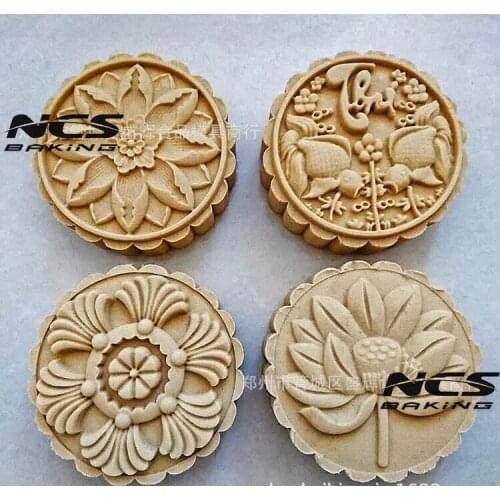 150g round shape flower fish design Mooncake mung bean cake Molds mould with 4 Stamps plastic hand pressure , 50sets/lot
