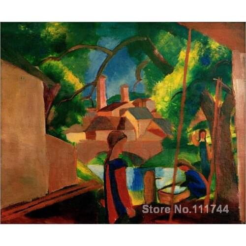 Bedroom art Childrens by the Fountain with Town in the Background August Macke paintings home decor High quality Hand painted