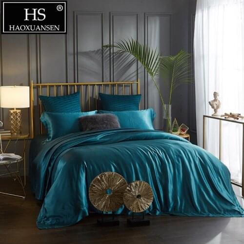 100% Mulberry Silk 4 Pcs Bedding Sets With Hidden Button Both Side 19 Momme Silk Sheet Quilt cover Pillow case King Size Blue