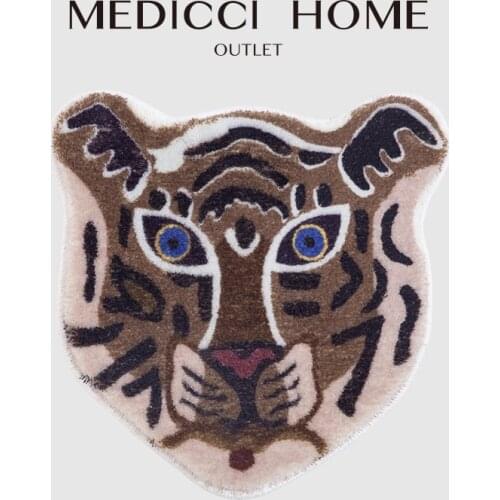 Medicci Home Tiger Head Tufted Rug Carpet Creative Animal Pattern Handmade Woven Cloakroom Wool Cushion Mat Children Room Decor