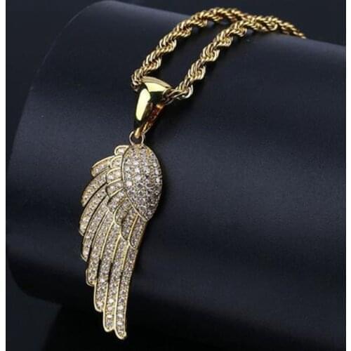 Fashion Shiny Zircon Inlaid Angel Wing Pendant Necklace Hip Hop Style Mens High Quality Metal Holiday Jewelry