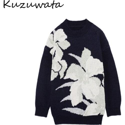 Fashion Style Japan Loose Knitted Sweaters Autumn Winter Sweet Chic Flower Print Coat Panelled Warm Women Pullovers
