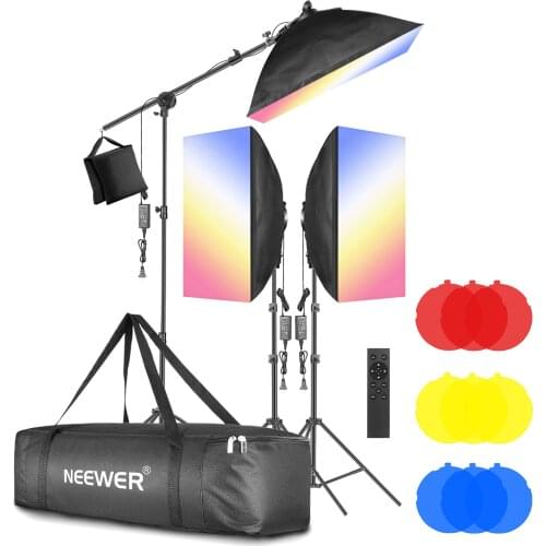 Neewer LED Softbox Lighting Kit 2.4G Remote with Color Filter:Softbox,48W Dimmable LED Light Head, Light Stand, Boom Arm, Bag