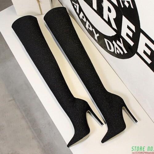 Autumn Winter Glitter Women Thigh High Boots Elegant Thin Heeled Elastic Slim Over The Knee Boots High Heels Sock Boots Shoes