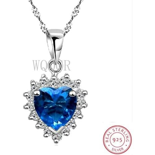 925 Sterling Silver Pendant Necklace Blue Transparent Heart Shaped Zirconia Collar Necklace and Pendant Womens Jewelry