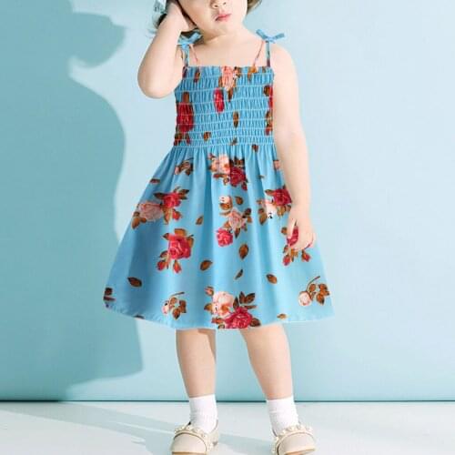 Kids Baby Girls Ruched Suspender Dress Elegant Floral Printing Princess Dress Summer Casual Children Dresses Girl Clothing 2021