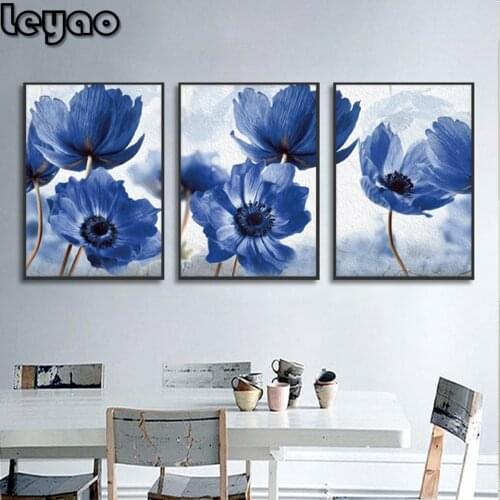 Triptych Beautiful Blue Flowers Poster Home Decor Minimalist diamond Painting embroidery Wall Picture for Living Room
