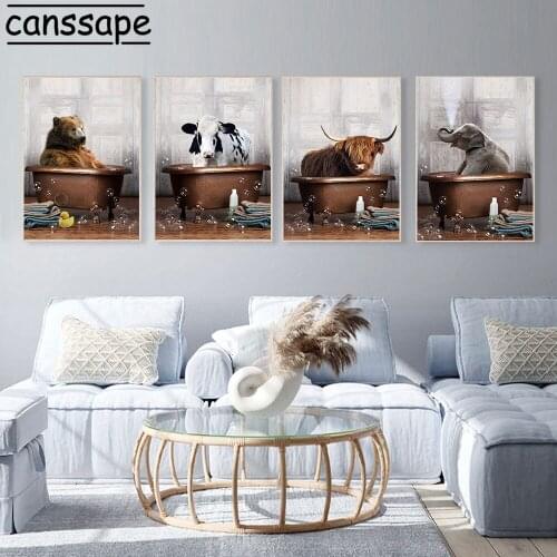 Bathtub Animals Wall Art Canvas Painting Cow Bear Poster Elephant Yak Art Print Nordic Wall Pictures Living Room Decoration
