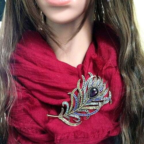 Vintage Feather Bronze Brooch Pin Antique Women Brooch Pin Gold Plating Arabesque Rhinestone Turkish Brooch Lapel Scarf Broches