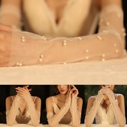Vintage Transparent Wedding Gloves Pearls Long Elbow Gants Shooting Photo Accesorios De Novia Women Party Bridal Dress Gloves