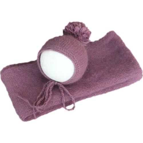 Grey color Vintage Newborn Sweater knit wrap and bonnet set Photography props Crochet mohair silk hat Stretch jersey wrap