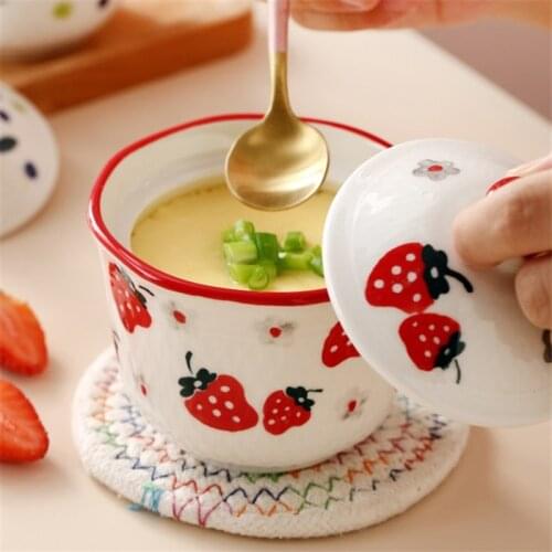 Japanese Ceramic Steamed Egg Bowl with Lid Spoon Household Small Birds Nest Stew Cup Restaurant Dessert Ice Cream Cup Tableware
